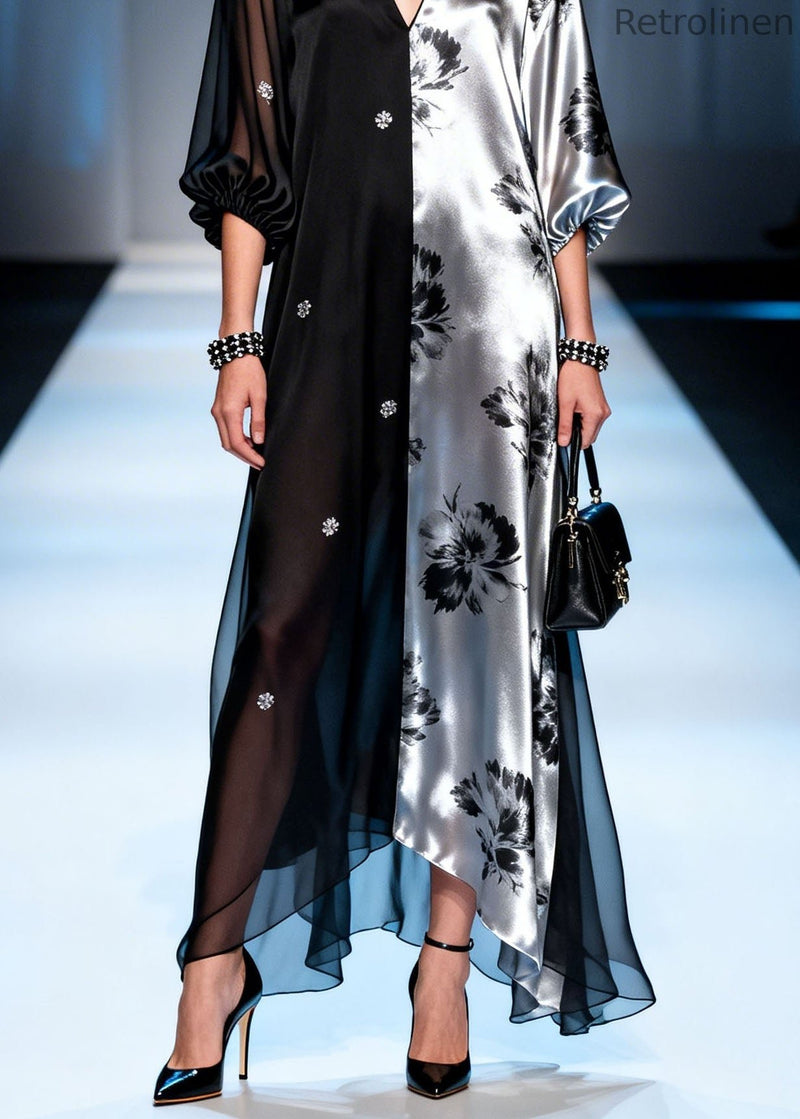 Colorblock V Neck Zircon Patchwork Chiffon Dress Summer