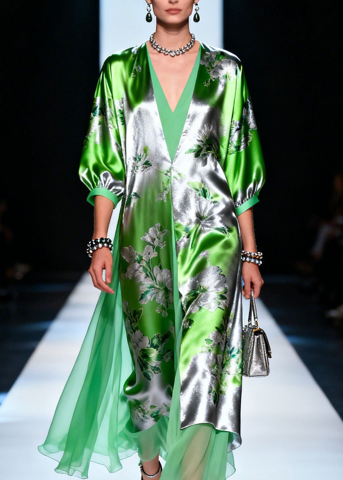 Modern V Neck Print Patchwork Silk Maxi Dresses Summer
