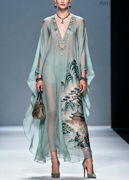 Fine Blue V Neck Print Chiffon Long Dresses Summer