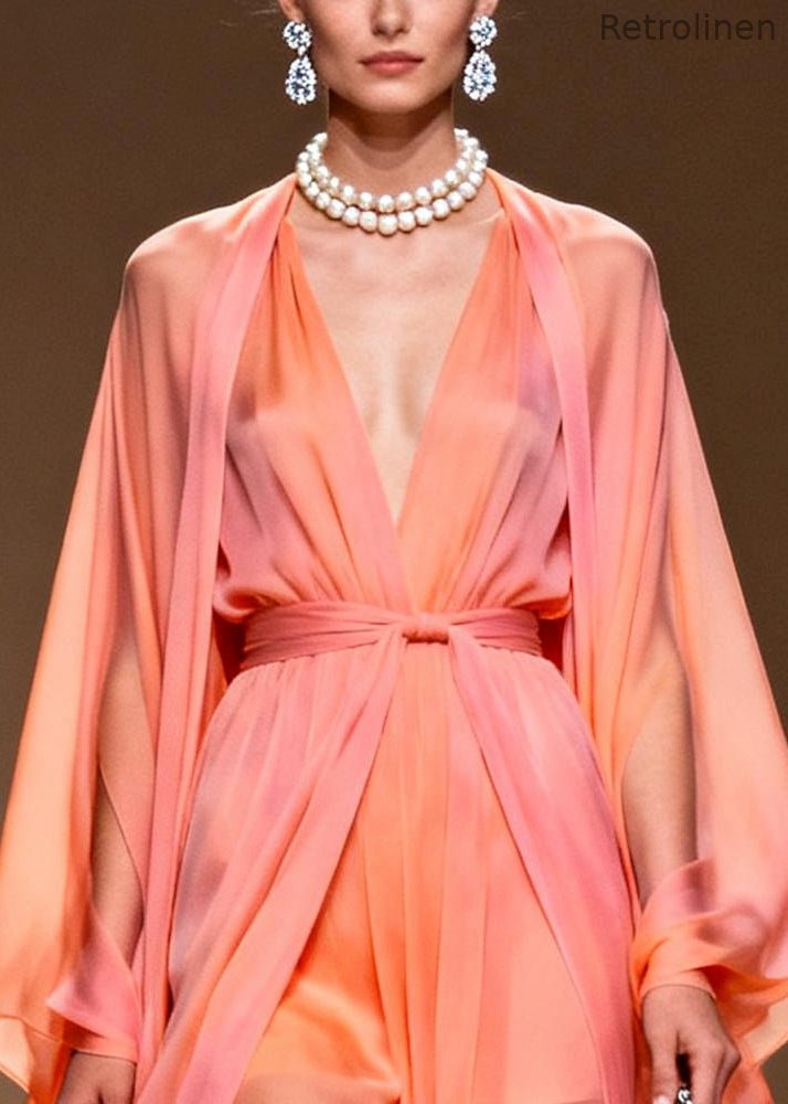 Orange V Neck Draping Chiffon Dress Two Piece Set Summer