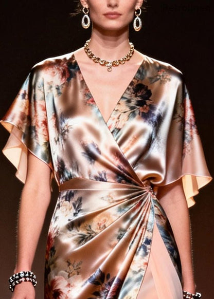 Champagne Print Patchwork Chiffon Long Dresses Side Open Summer