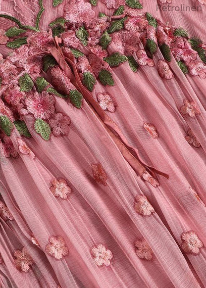Pink Embroideried Lace Up Silk Robe Dresses Flare Sleeve