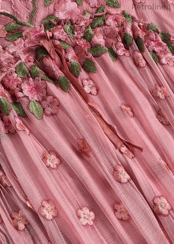 Pink Embroideried Lace Up Silk Robe Dresses Flare Sleeve