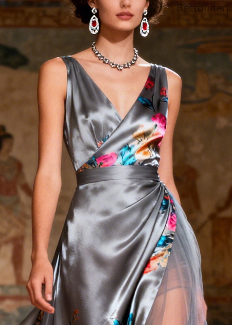 Grey Print Patchwork Tulle Silk Holiday Dress Summer