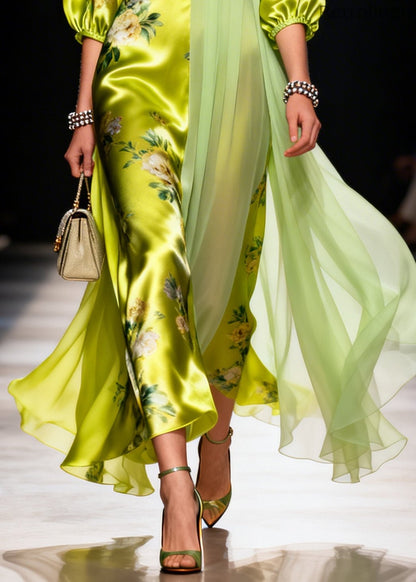 Organic Grass Green Asymmetrical Patchwork Silk Ankle Dress Summer