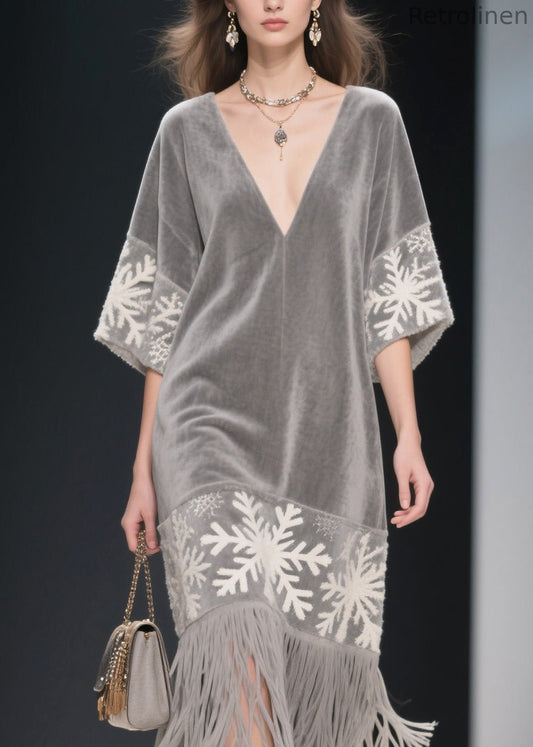 Boutique Grey V Neck Tassel Patchwork Velvet Dress Summer
