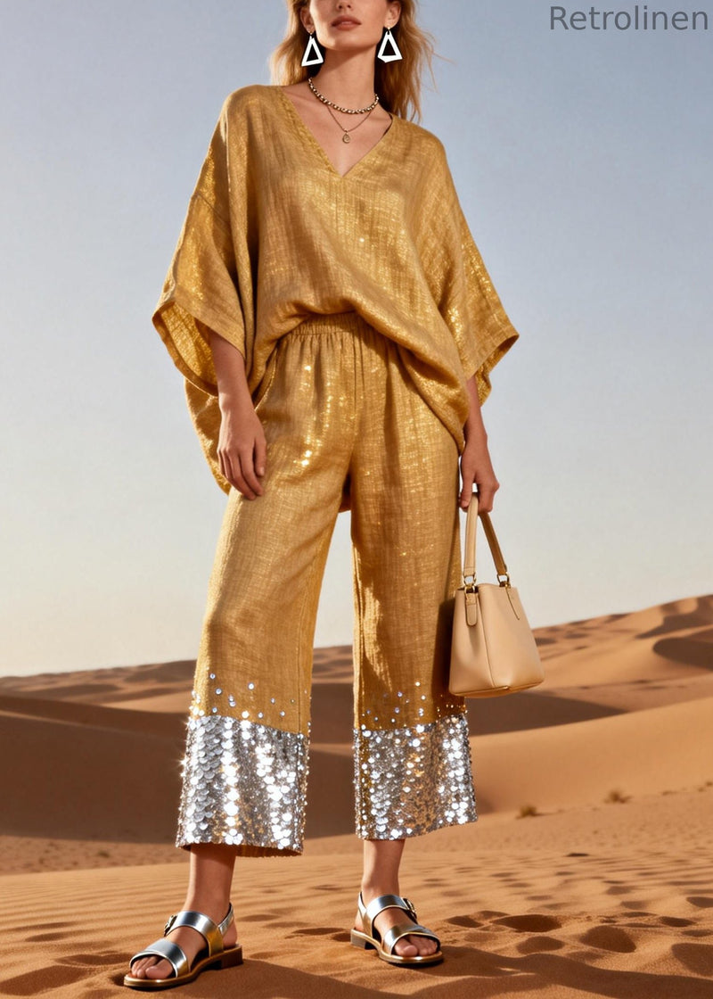 Italian Gold V Neck Elastic Waist Sequins Patchwork Linen Two Pieces Set Batwing Sleeve