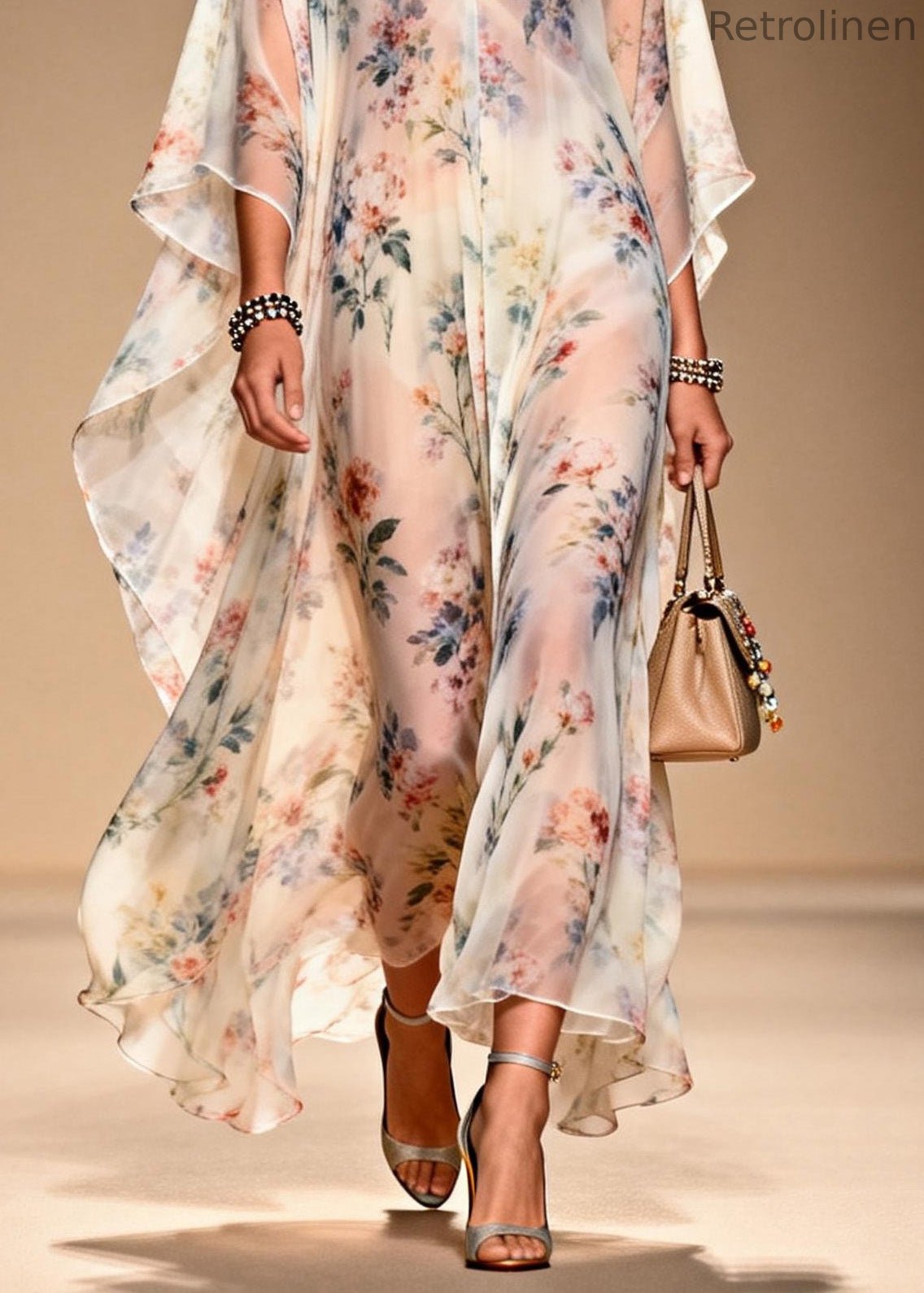 French V Neck Print Chiffon Long Dresses Summer