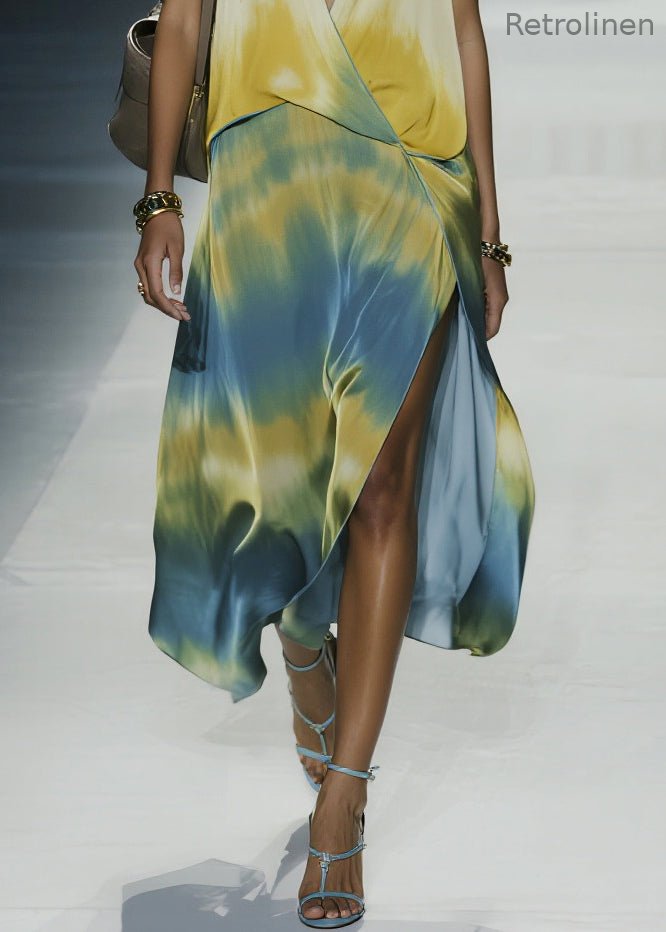 Italian Tie Dye Side Open Chiffon Maxi Dresses Sleeveless