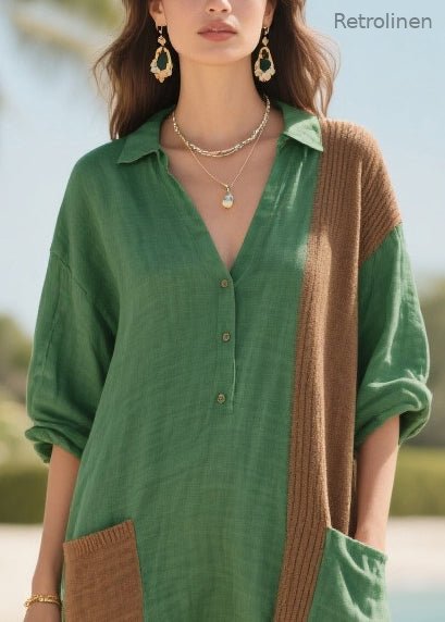 Tea Green Oversized Patchwork Pockets Cotton Mid Dresses Summer