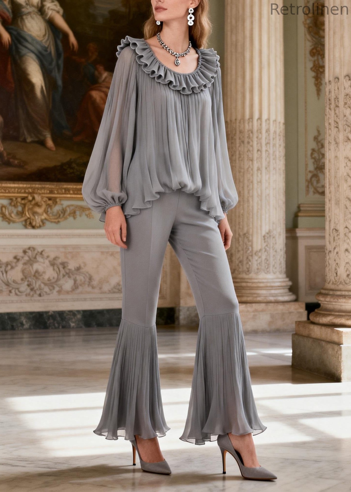 Grey Ruffled Patchwork Linen Silk 2 Piece Outfit Spring