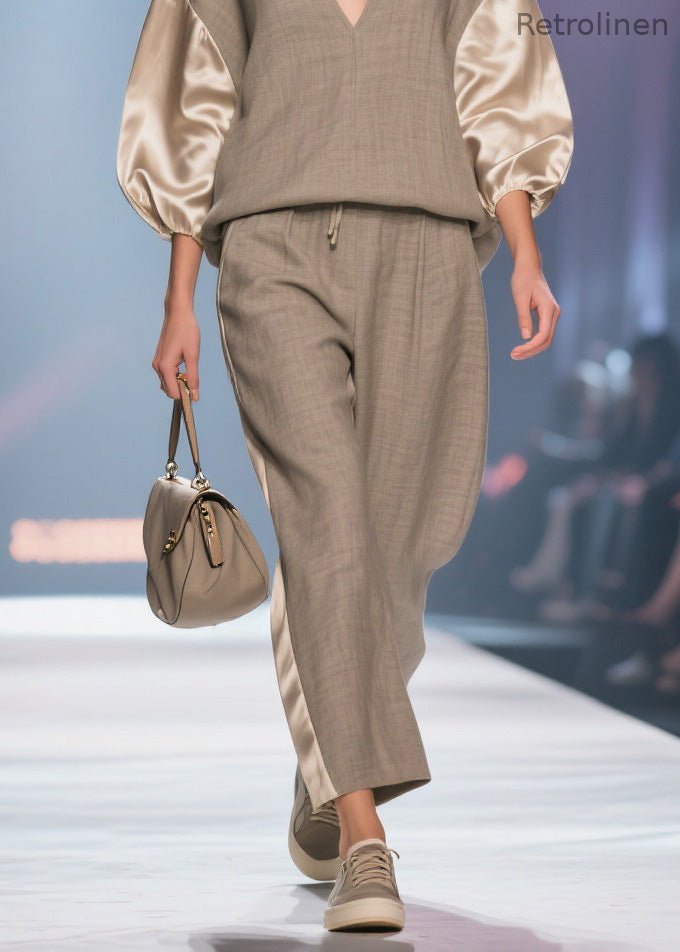 V Neck Patchwork Linen Silk Two Pieces Set Spring