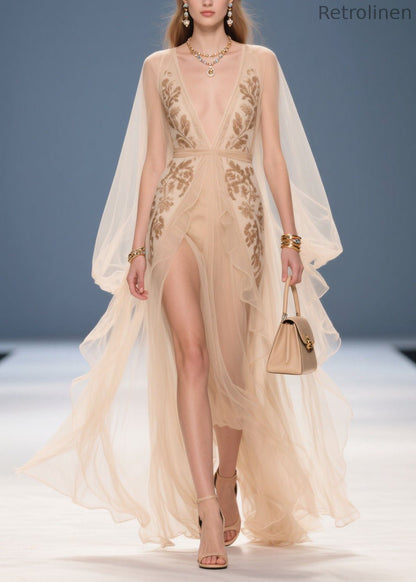 French Beige V Neck Print Chiffon Long Dresses Summer