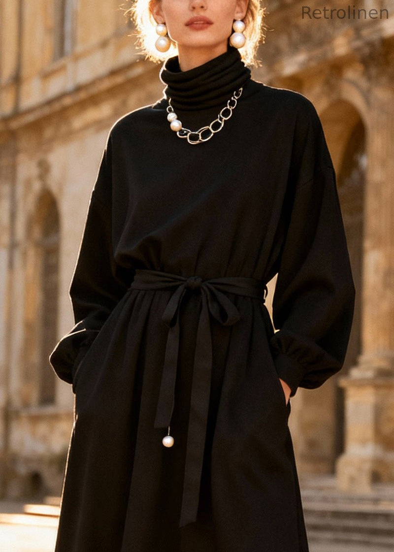 Stylish Black Turtleneck Lace Patchwork Long Dress Spring