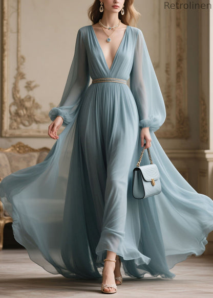 V Neck Zircon Patchwork Chiffon Dresses Spring