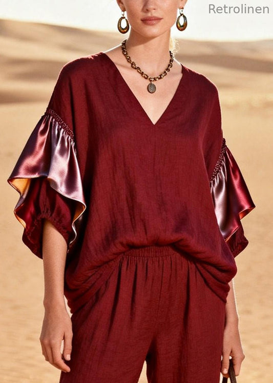 French Mulberry Oversized Patchwork Cotton Two Piece Suit Set Butterfly Sleeve