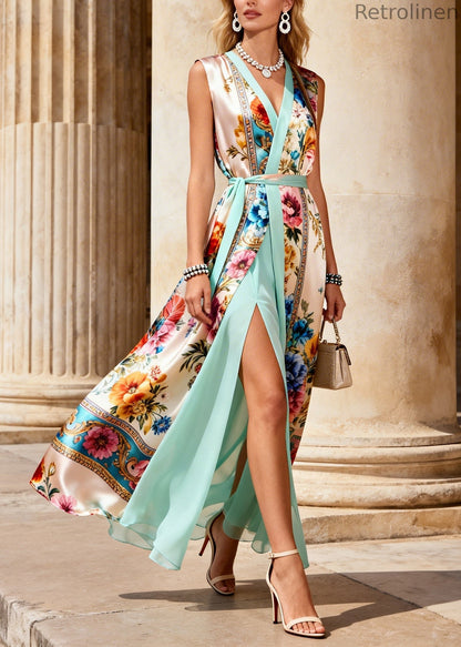 Diy Beige Tie Waist Print Chiffon Fake Two Piece Dresses Sleeveless