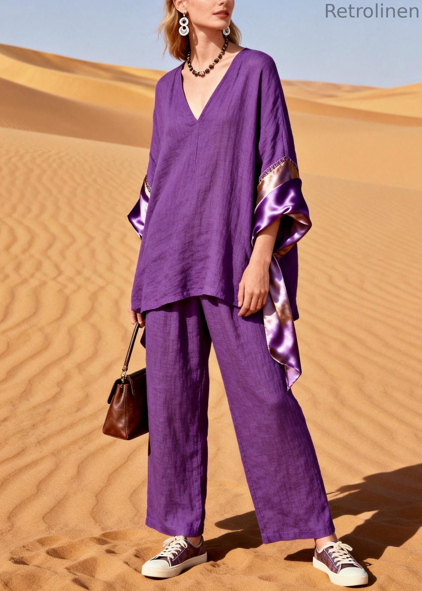 Purple V Neck Silk Patchwork Linen Two Pieces Set Summer