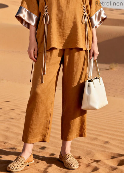 Caramel Cinched Silk Patchwork Two Piece Set V Neck Spring