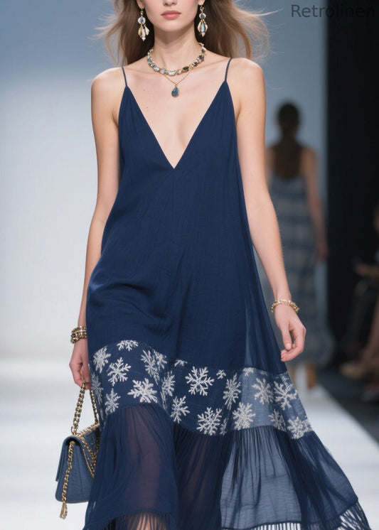 Simple Navy Tassel Cotton Spaghetti Strap Dress Summer