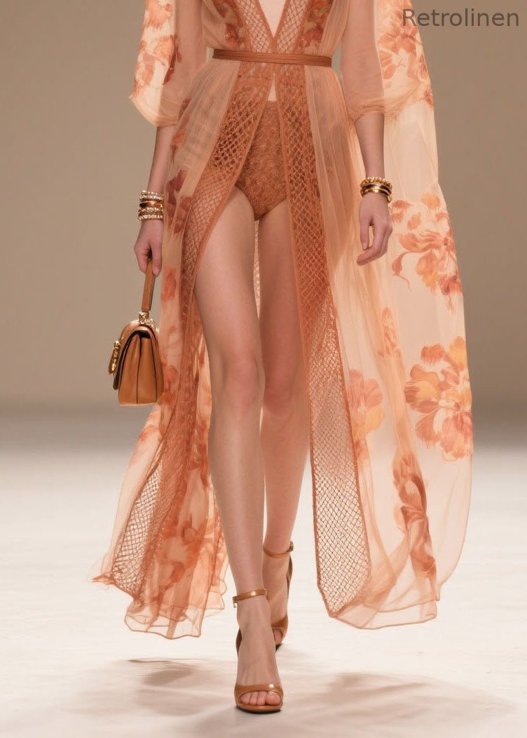 Style Orange V Neck Print Chiffon Sun Protection Cardigans Summer
