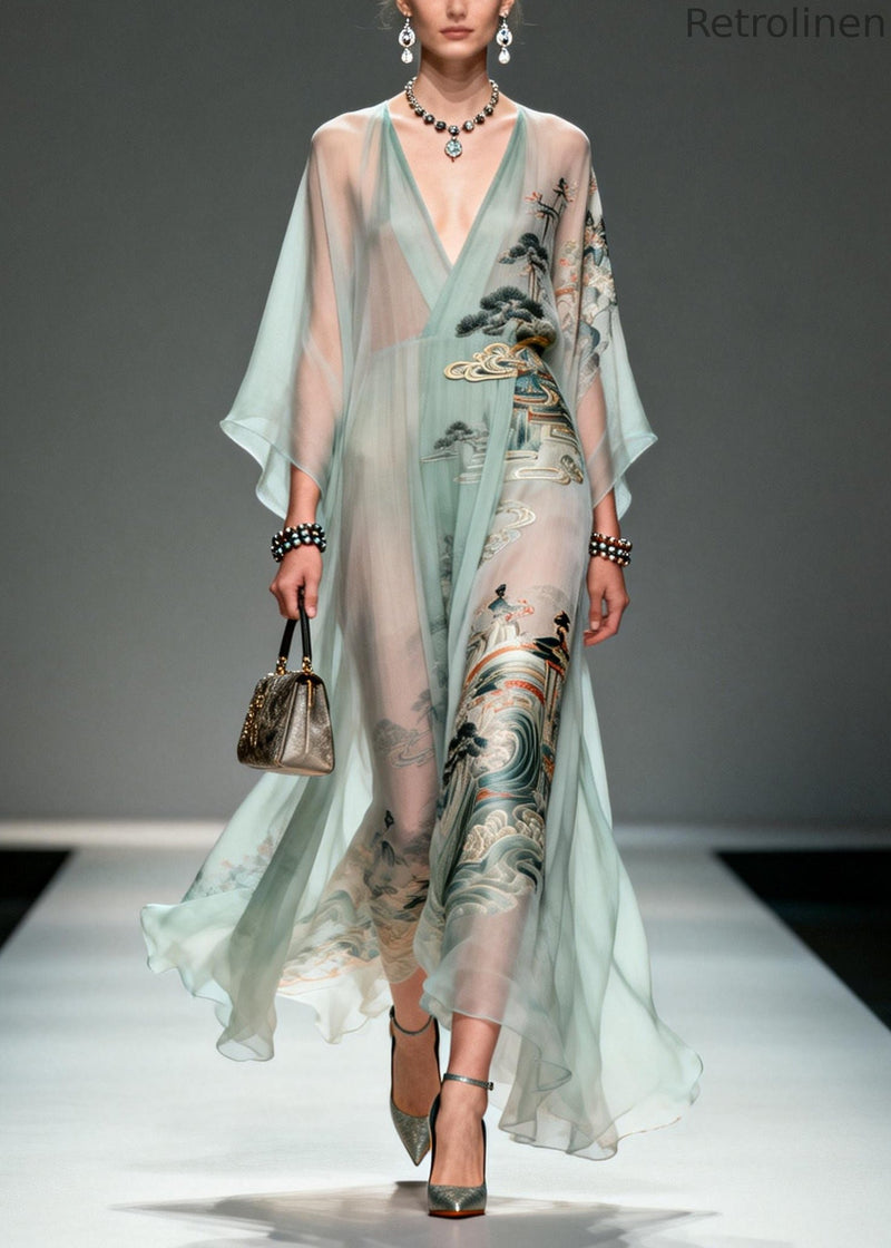 Lake Green Oversized Print Chiffon Robe Dresses Summer