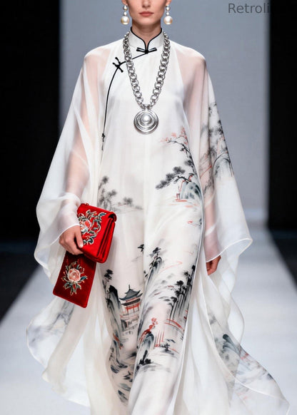 White Stand Collar Print Chiffon Long Dress Spring