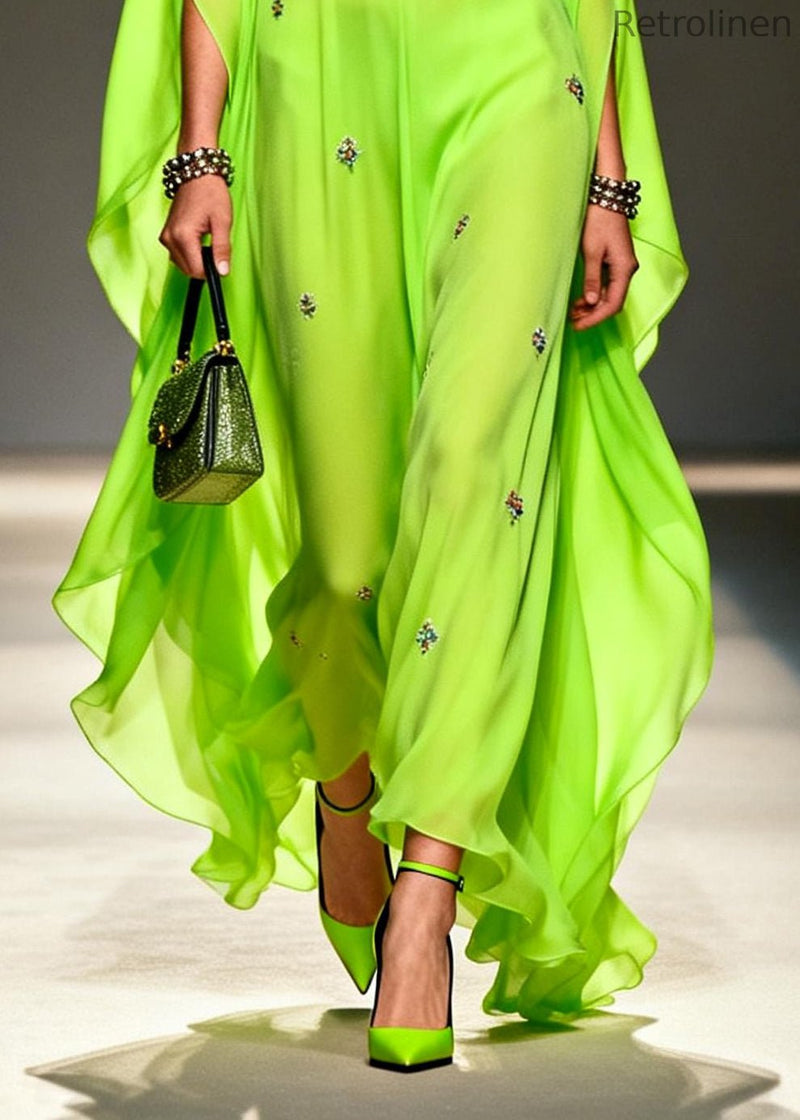 Diy Fluorescent Green Embroidered Chiffon Maxi Dresses Batwing Sleeve