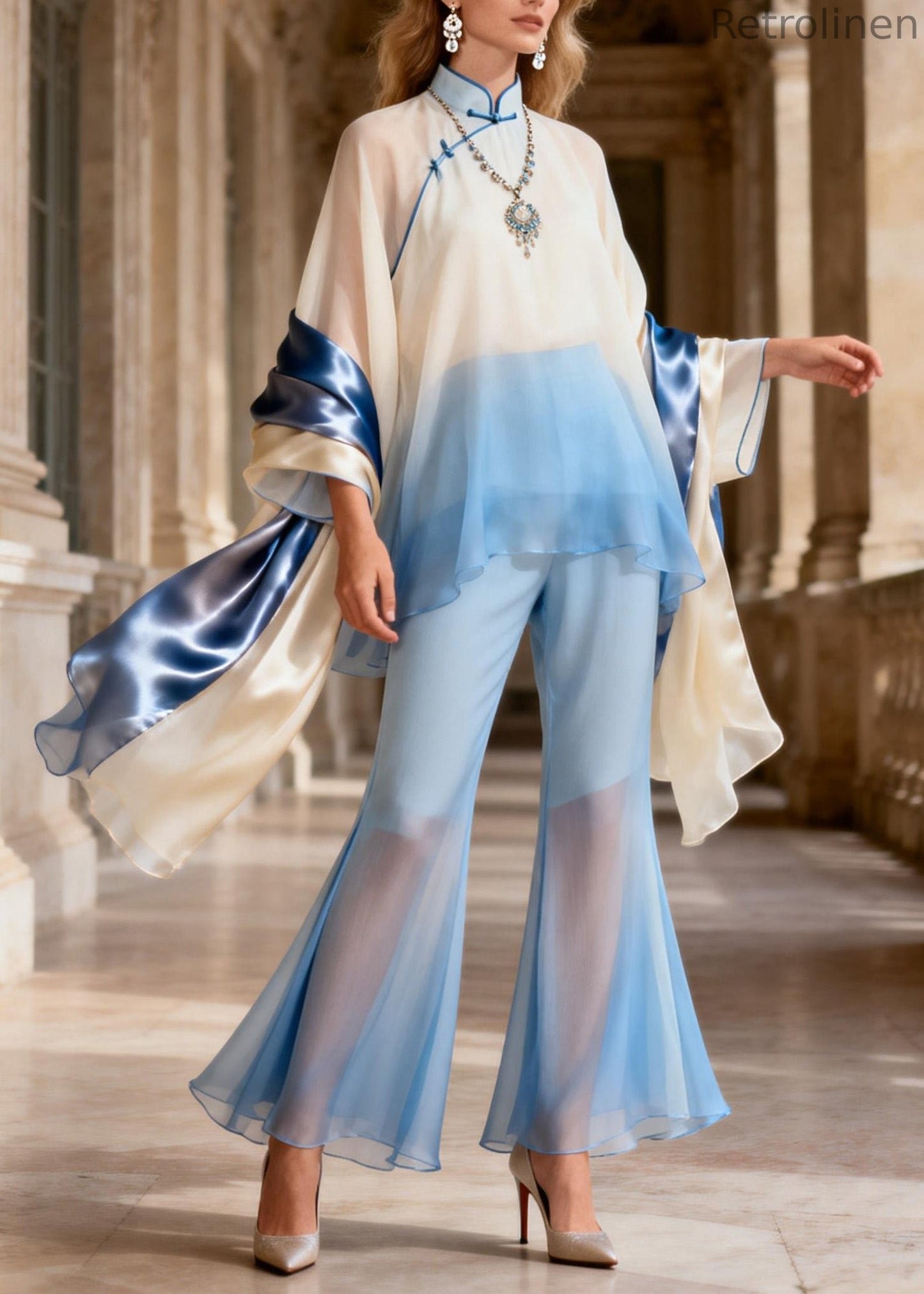 New Retro Mandarin Collar Silk Two Pieces Set Spring