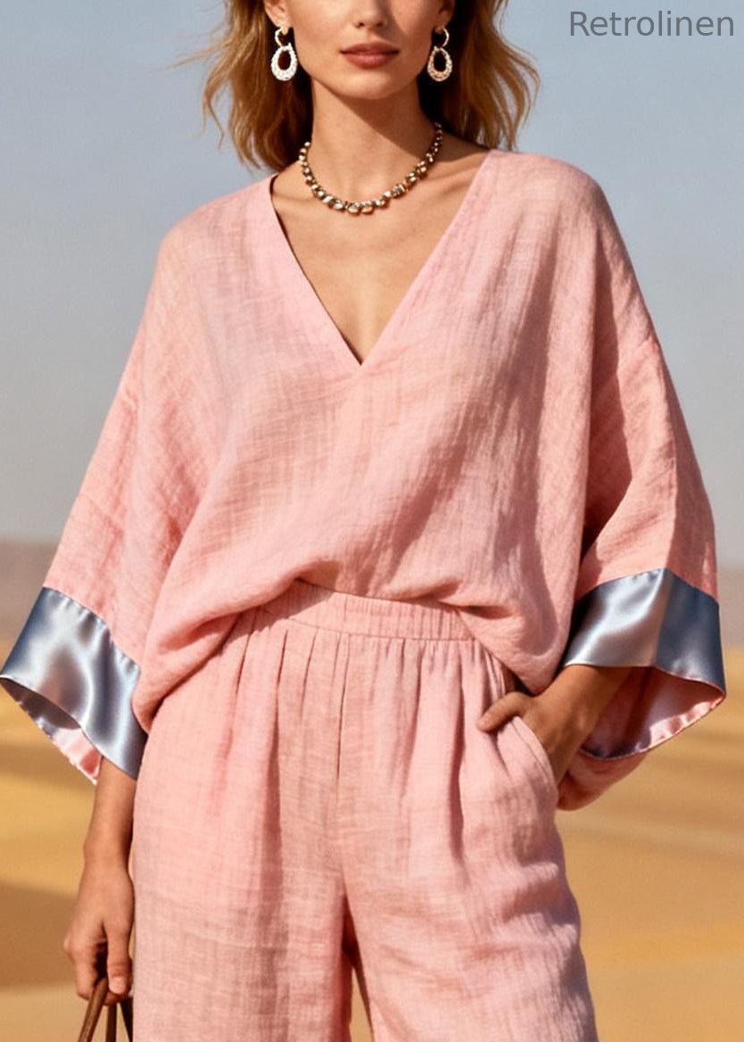 Pink Oversized Patchwork Linen Silk Two Pieces Set Spring