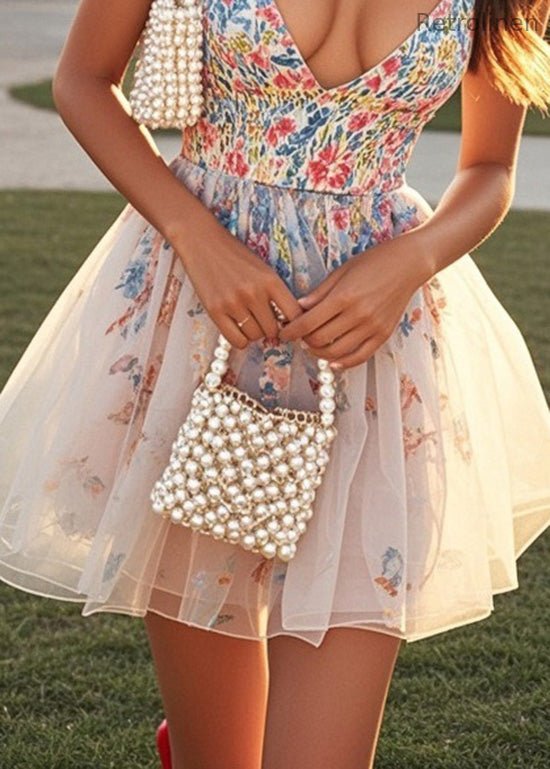 Print V Neck Tulle Patchwork Cotton Mini Dress Summer