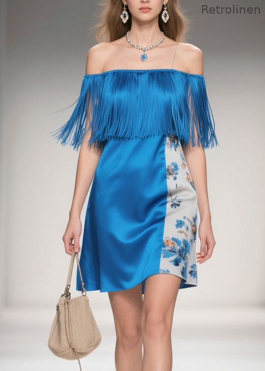 Cold Shoulder Print Tassel Silk Mid Dress Summer