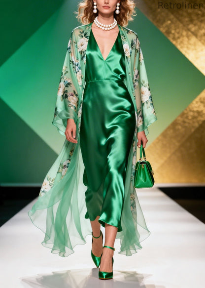 Italian Green Print Cardigans Dress Silk Two Pieces Set Summer