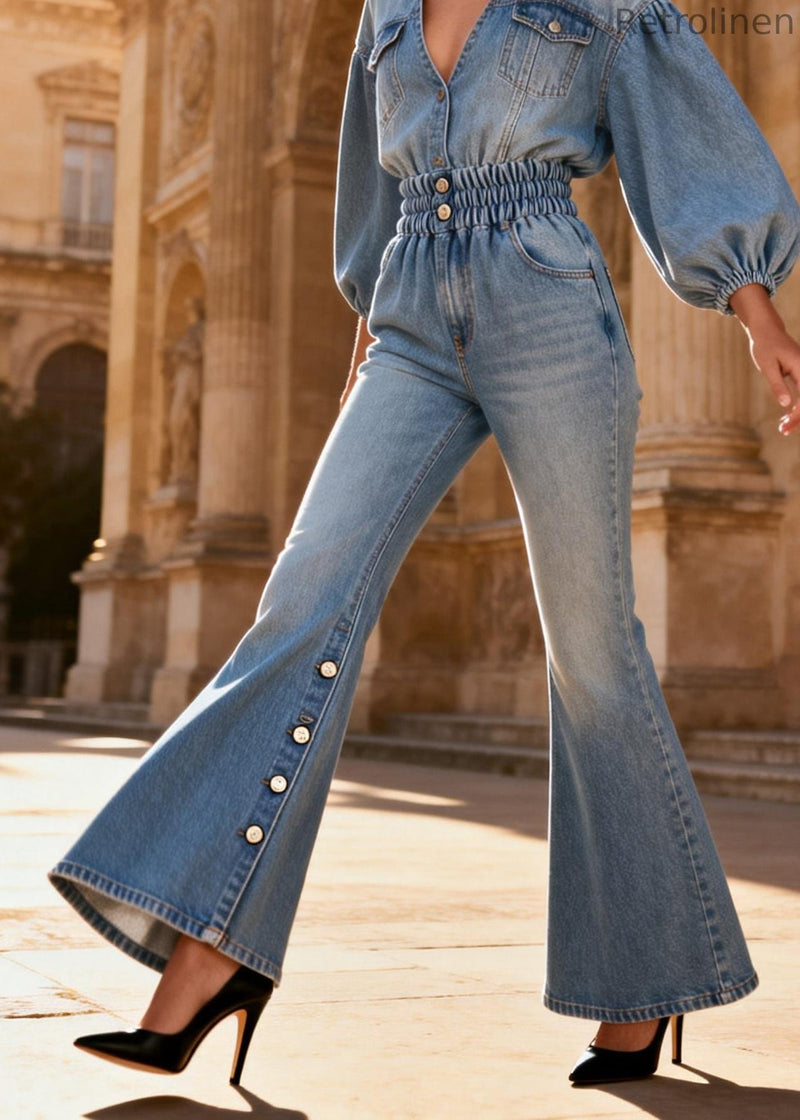 Blue Button Patchwork Denim Shirts and Flared Trousers Two Piece Set Lantern Sleeve