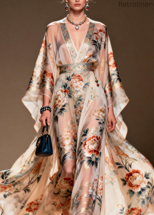 V Neck Print Chiffon Long Dresses Spring
