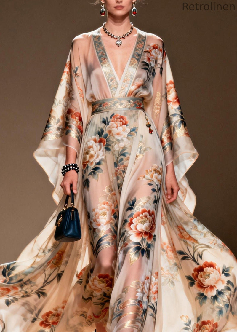 V Neck Print Chiffon Long Dresses Spring