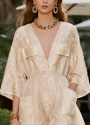 French Champagne Jacquard Pockets Tulle Party Dress Summer