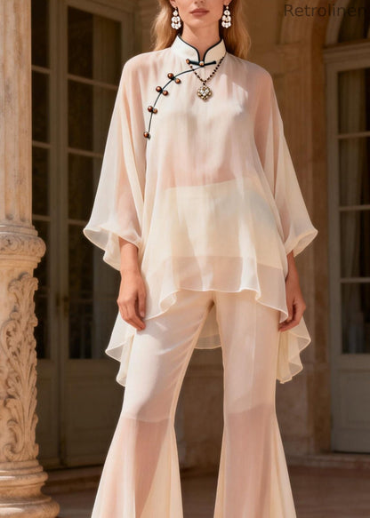 Mandarin Collar Top and Pants Silk Two Piece Set Summer