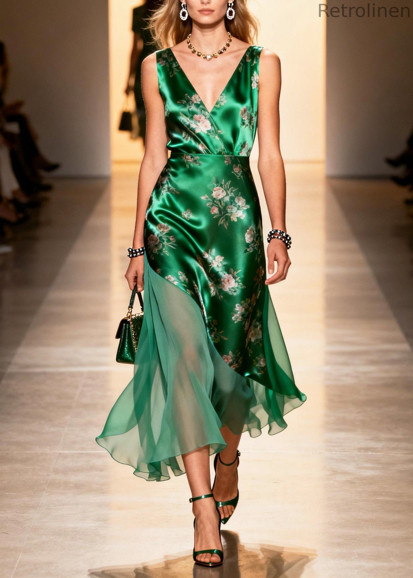 Peacock Green Print Patchwork Silk Cami Dresses Summer