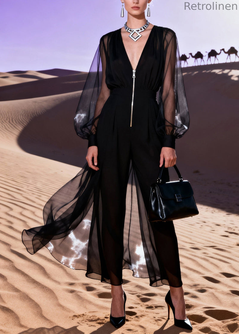 Italian Black V Neck Patchwork Tulle Jumpsuit Lantern Sleeve