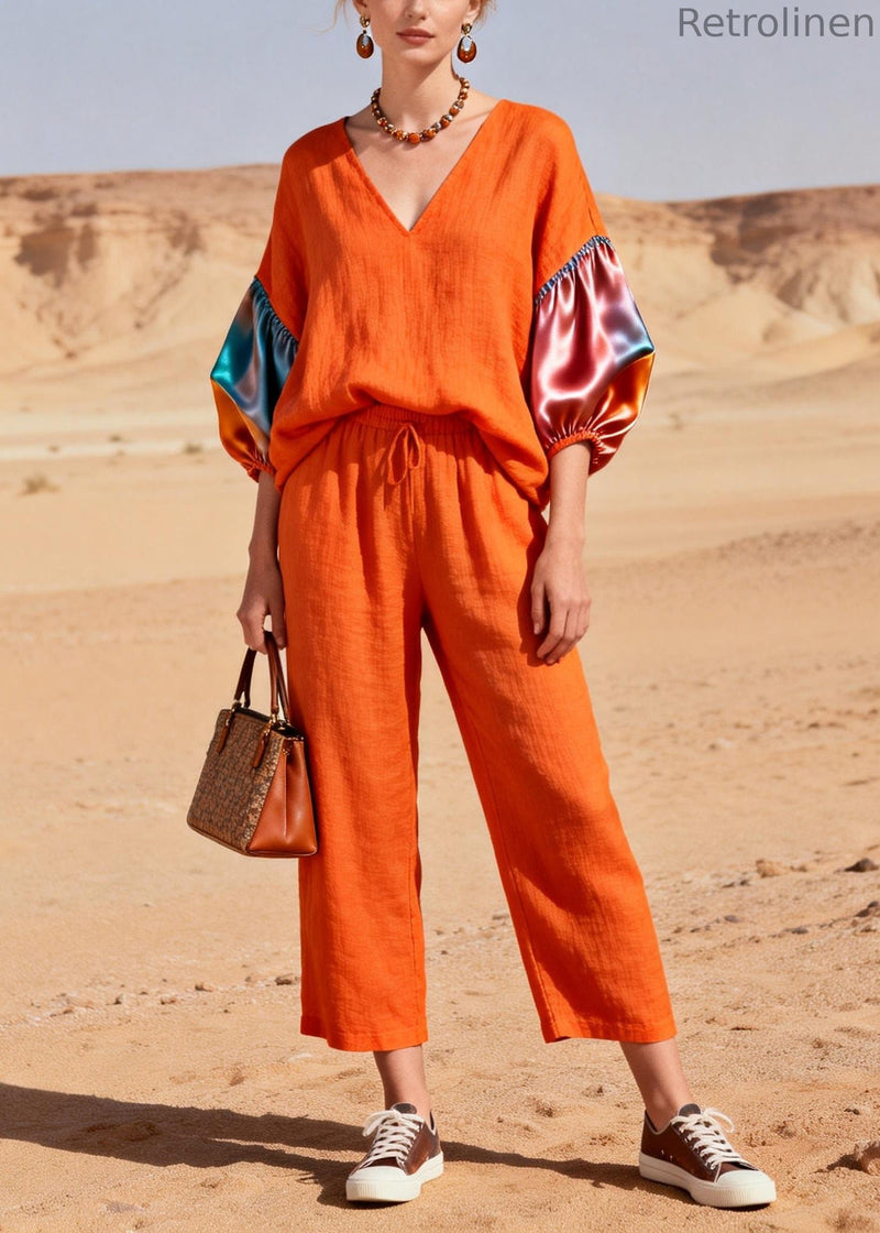 Orange V Neck Patchwork Linen 2 Piece Outfit Lantern Sleeve