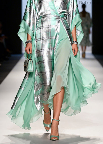 Art V Neck Plaid Print Patchwork Chiffon Dress Summer