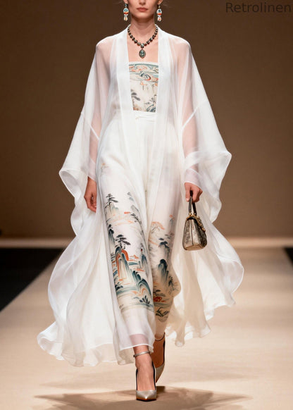 White Print Chiffon Dress Two Piece Set Summer