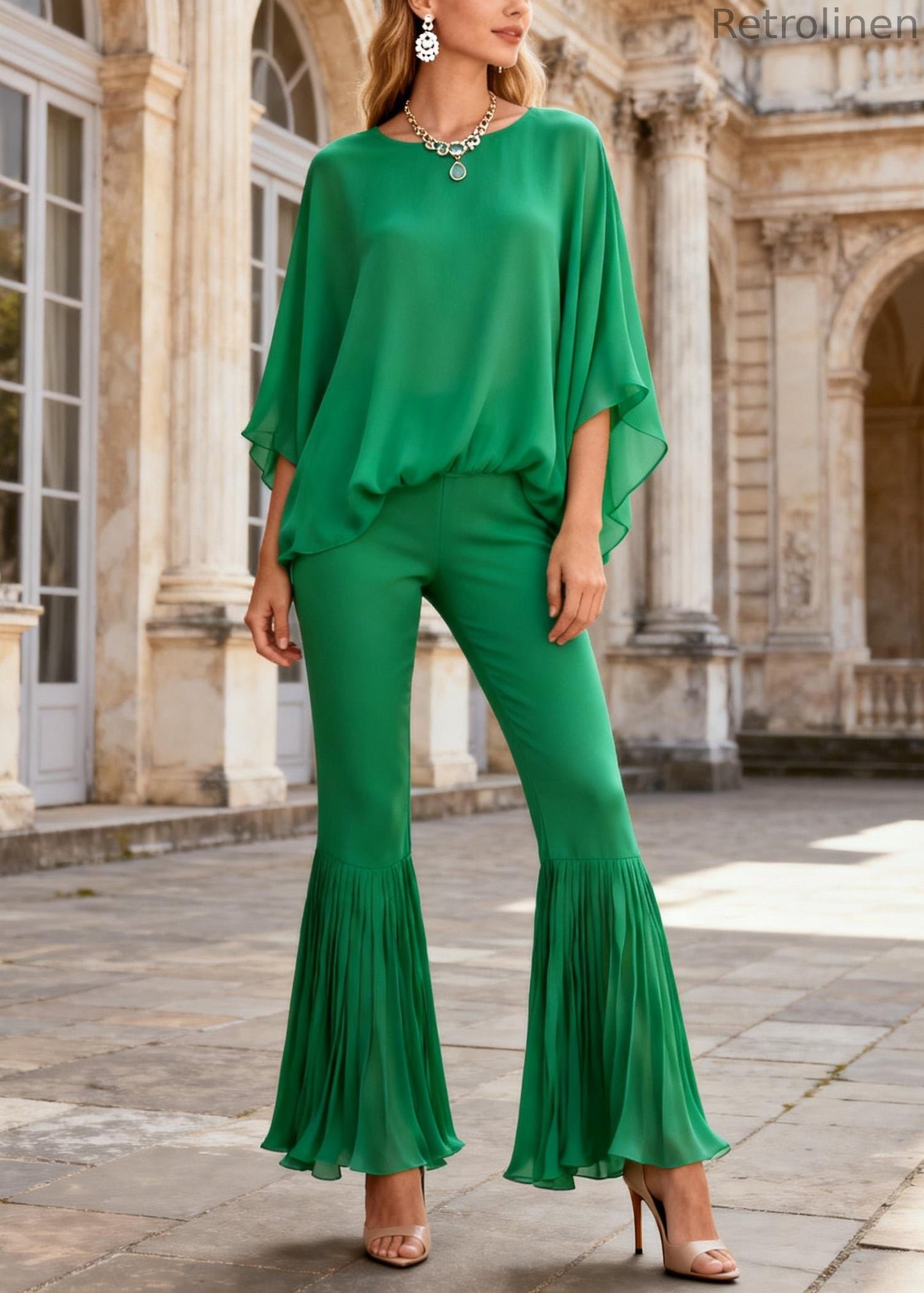 Green O Neck Tops and Wrinkled Flare Bottoms Cotton Two Pieces Set Batwing Sleeve