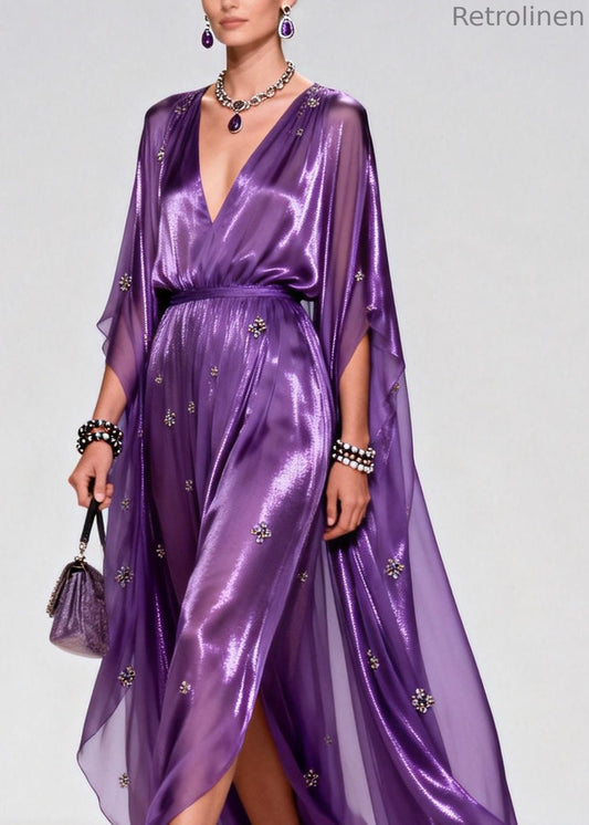 Purple V Neck Zircon Chiffon Long Dress Summer