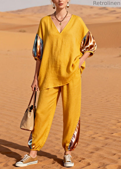 Yellow Patchwork Linen Silk Two Pieces Set Oversized Half Sleeve