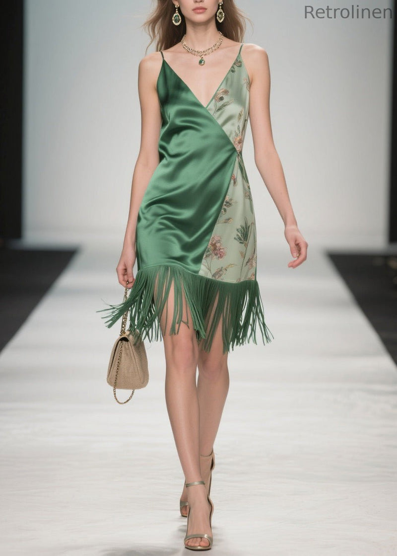 Colorblock Tassel Print Silk Spaghetti Strap Dresses Summer