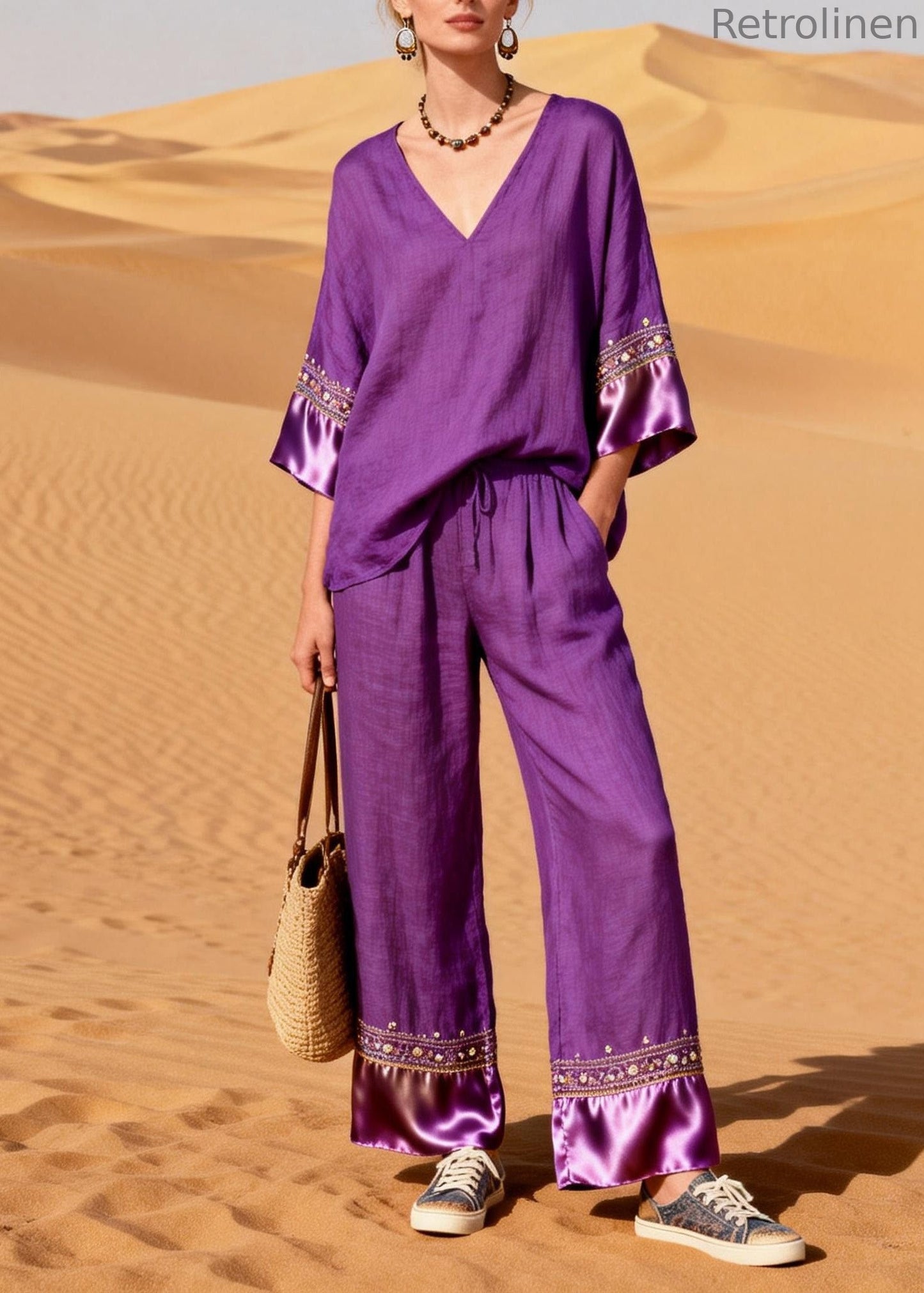 New Purple V Neck Silk Patchwork Linen Two Piece Suit Set Summer