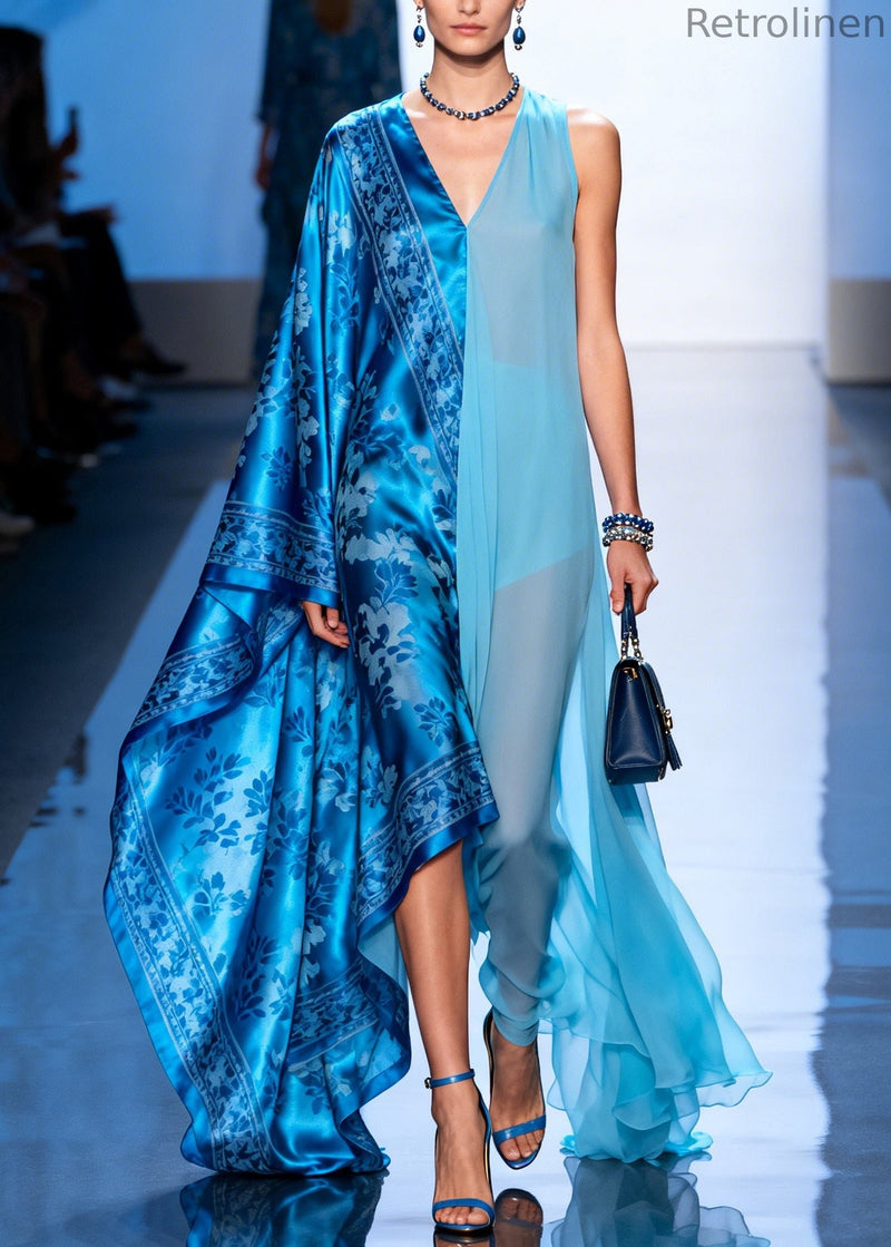 Boutique Blue Asymmetrical Patchwork Exra Large Hem Silk Dresses Summer