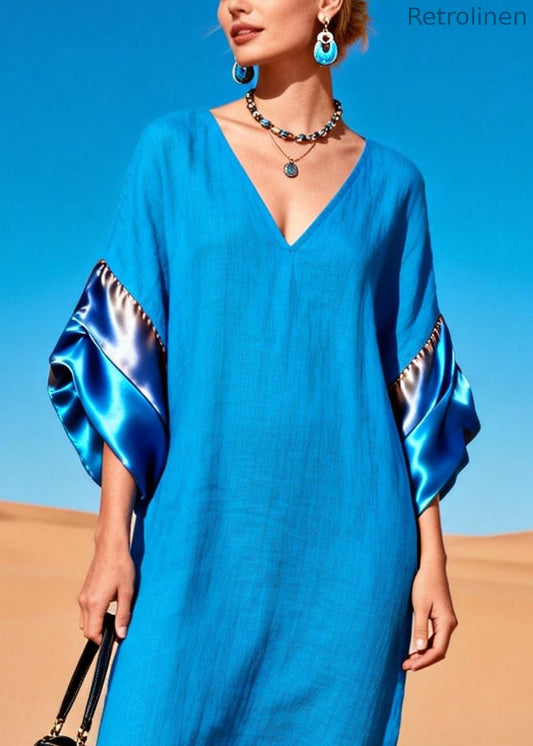Blue V Neck Silk Patchwork Dress Summer